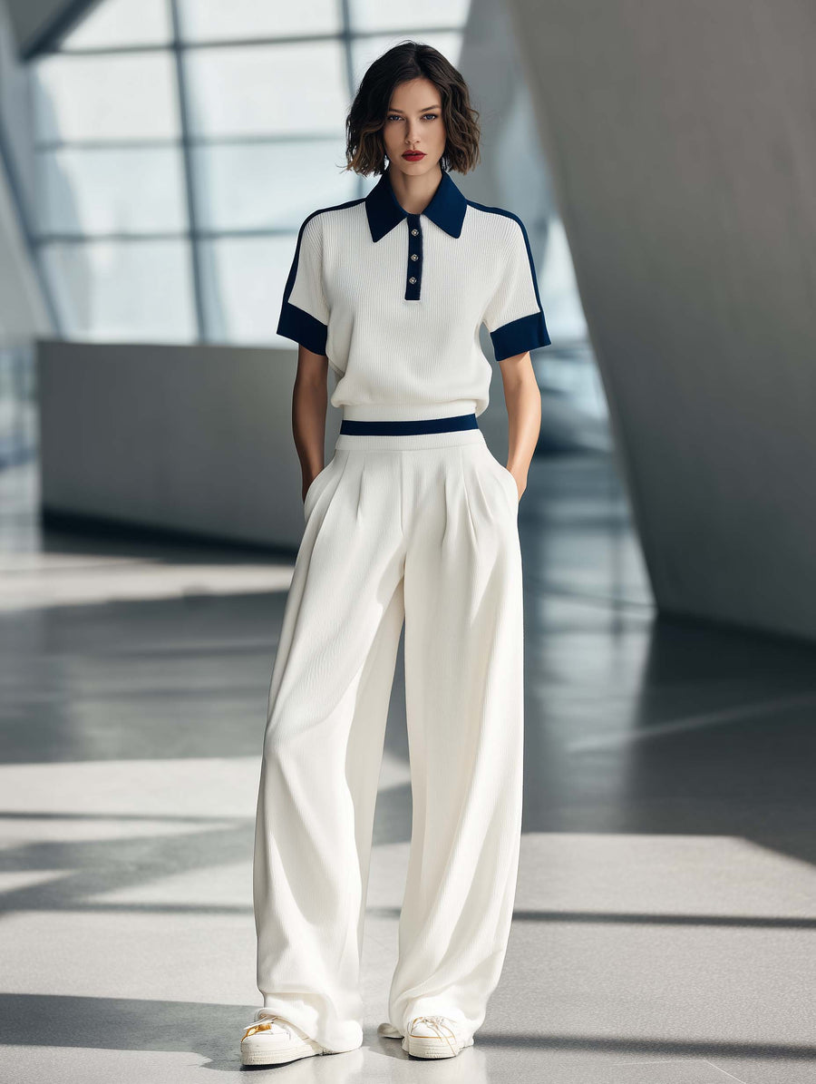 Women's Fashionable Casual Style White Short-sleeved Collared Top And Trousers Set
