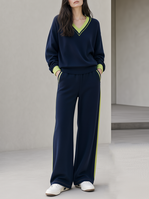 Navy And Lime Green V-Neck Knit Wide-Leg Pants Set