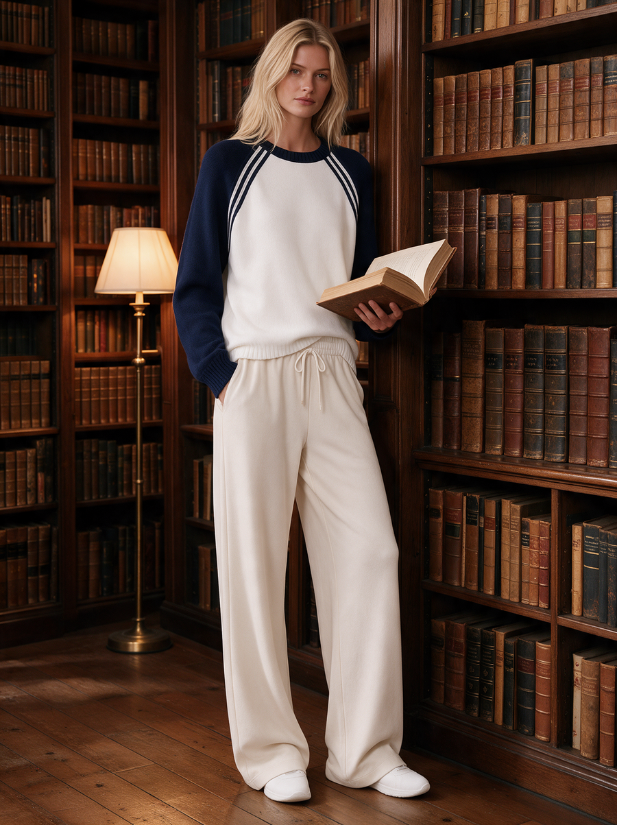 Navy Color-Block Raglan Knit Top & Cream Wide-Leg Pants Set