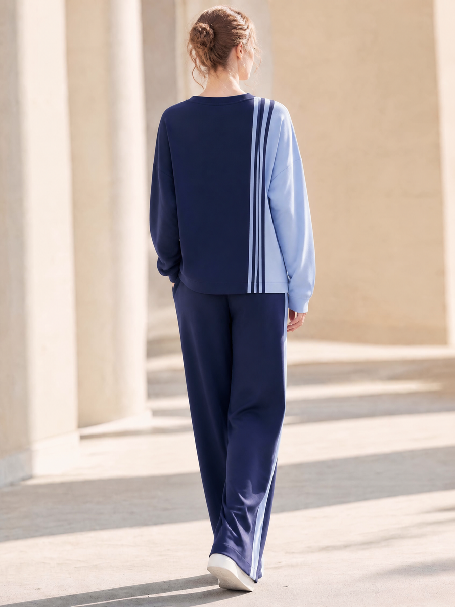 Casual Navy And Blue Color-block V-neck Long-sleeve Top And Trousers Set
