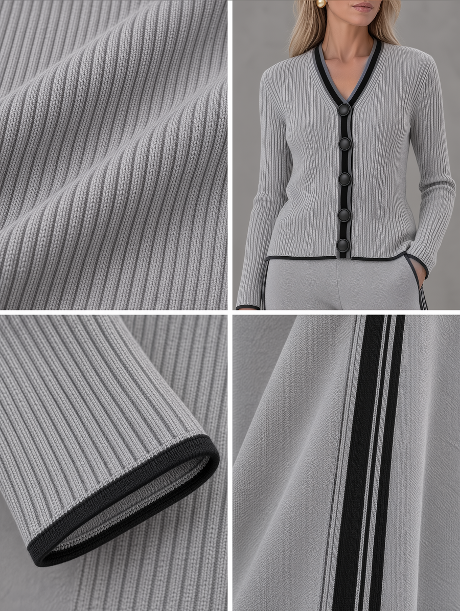 Light Grey Ribbed V-Neck Cardigan & Wide-Leg Pants Set