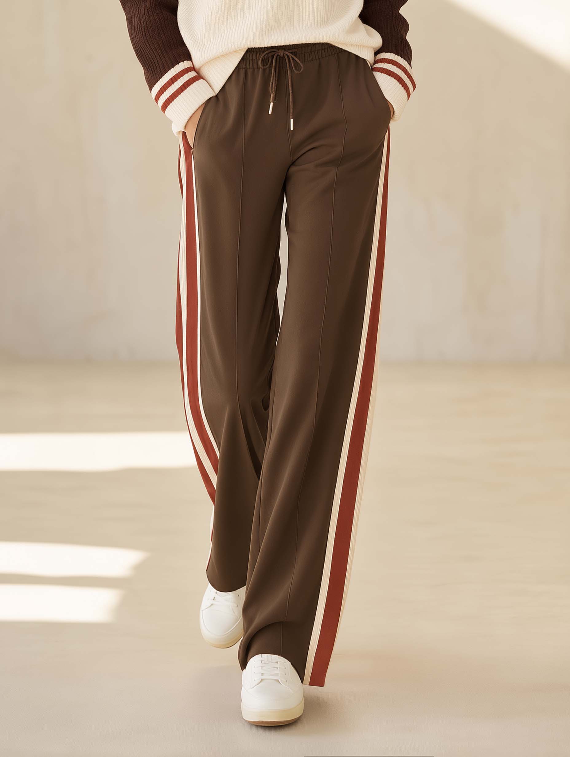 Stylish Khaki Color-Block Wide-Leg Trousers with Side Stripes