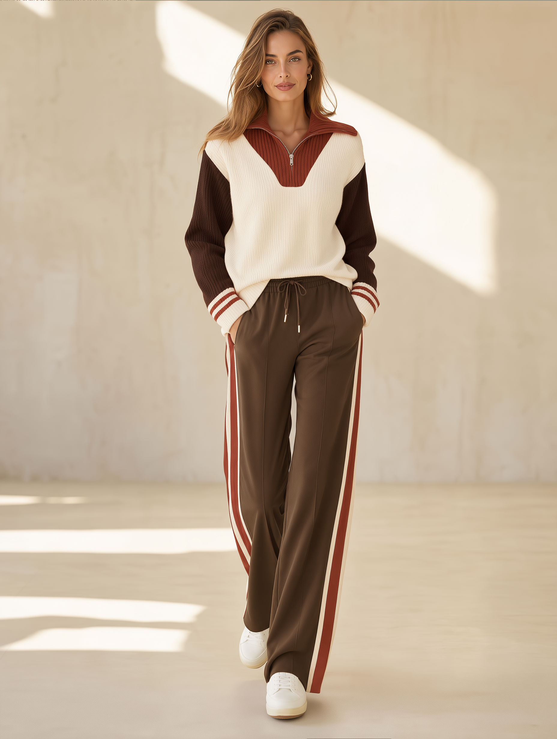Beige Color-block Long-sleeve Half-zip Sweater And Khaki Trousers Set