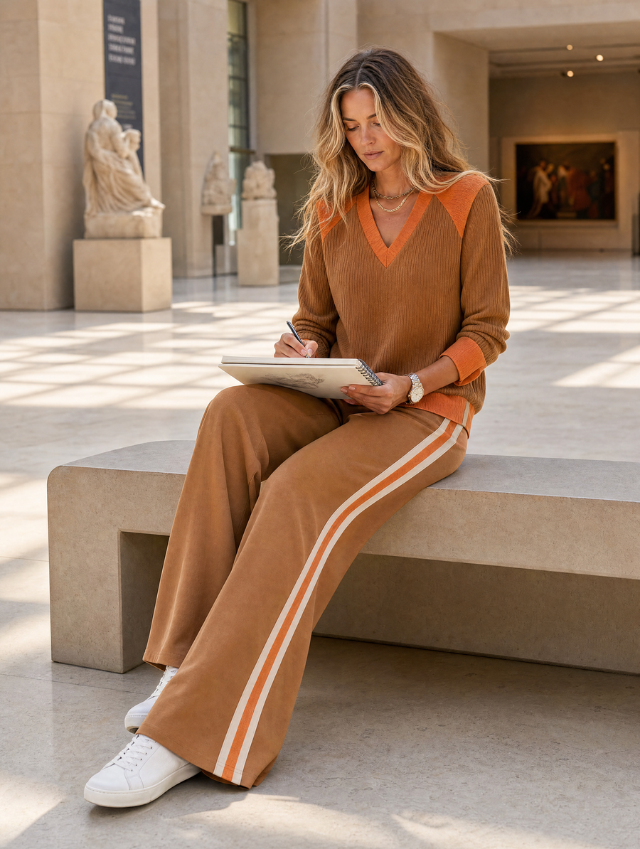Brown And Orange Color-block V-neck Long-sleeve Sweater And Wide-leg Pants Set