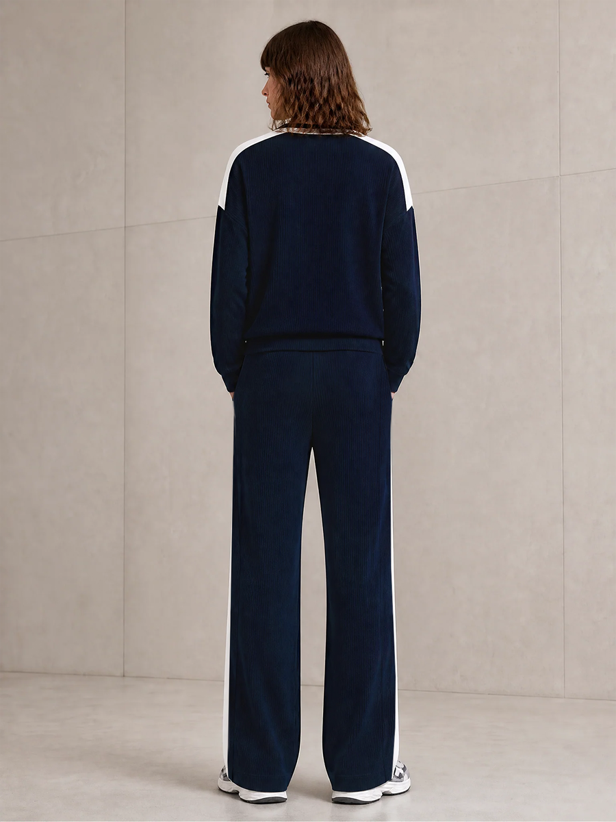 Navy & White Color‑Block Crew Neck Ribbed Knit Wide Leg Pants Set