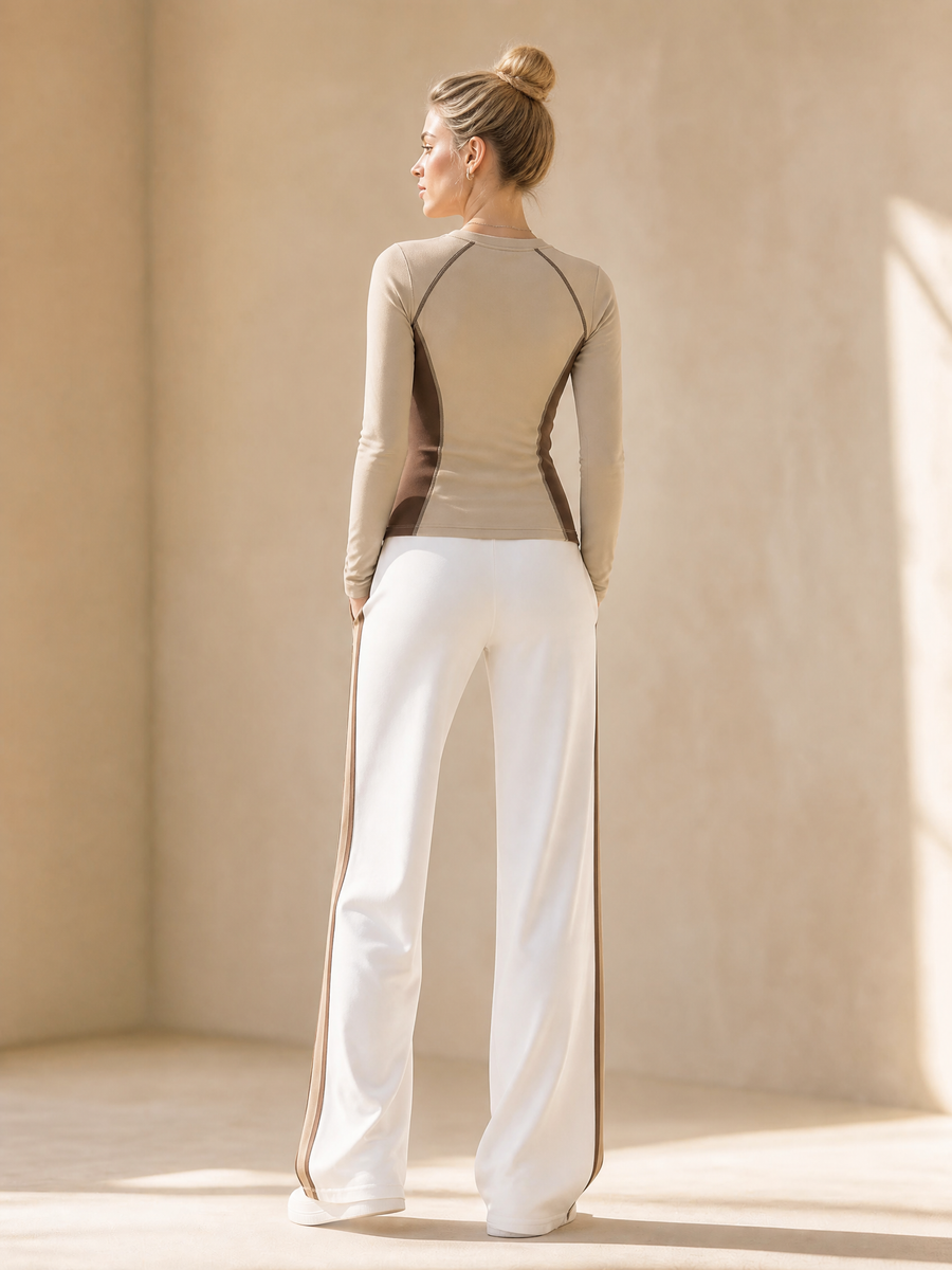 Stylish Set Featuring A Khaki Slim-fit, Long-sleeved, Half-zip Top And White Trousers