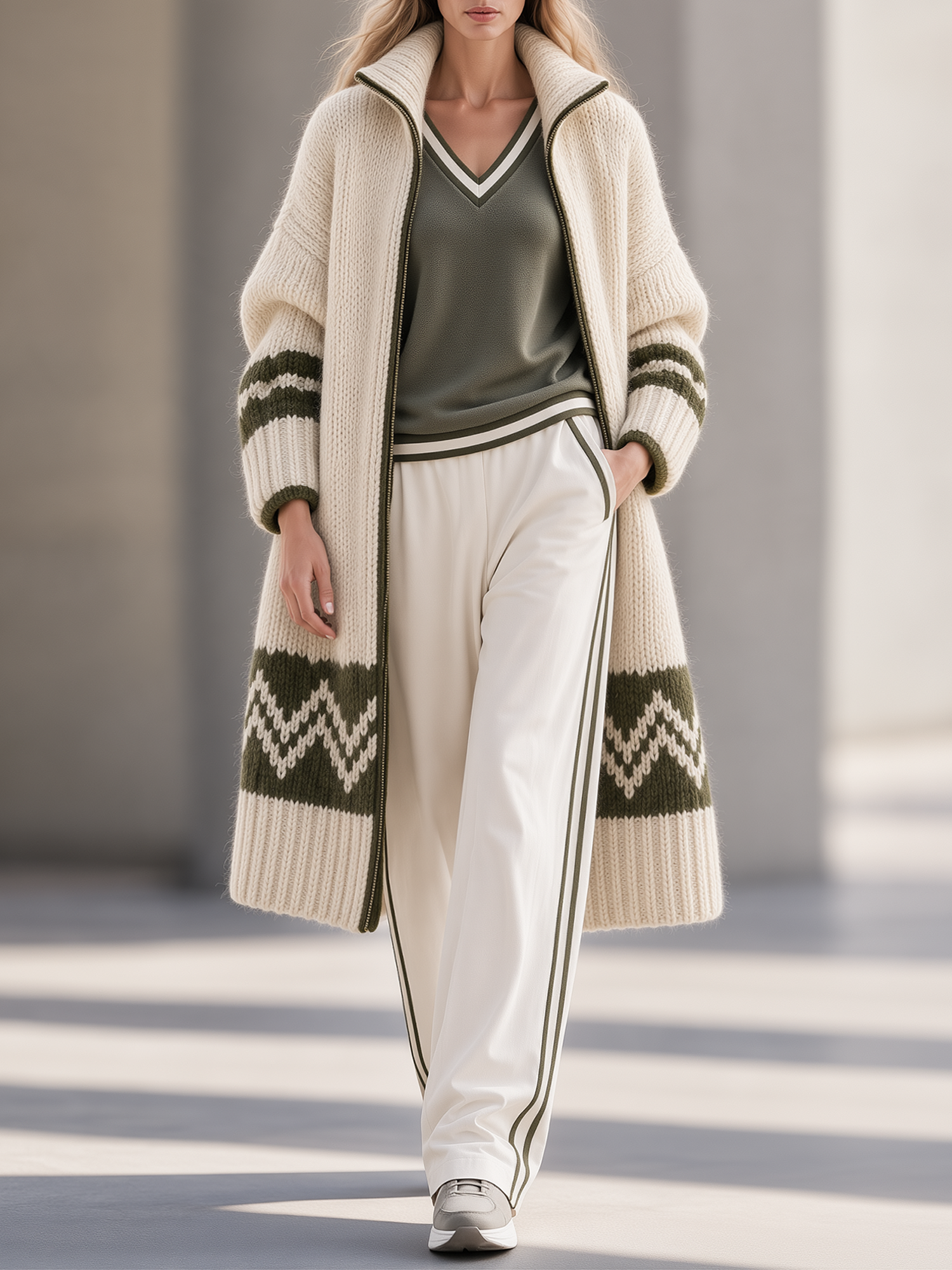 Off-white And Olive Green Jacquard Mid-length Zip-up Knit Cardigan