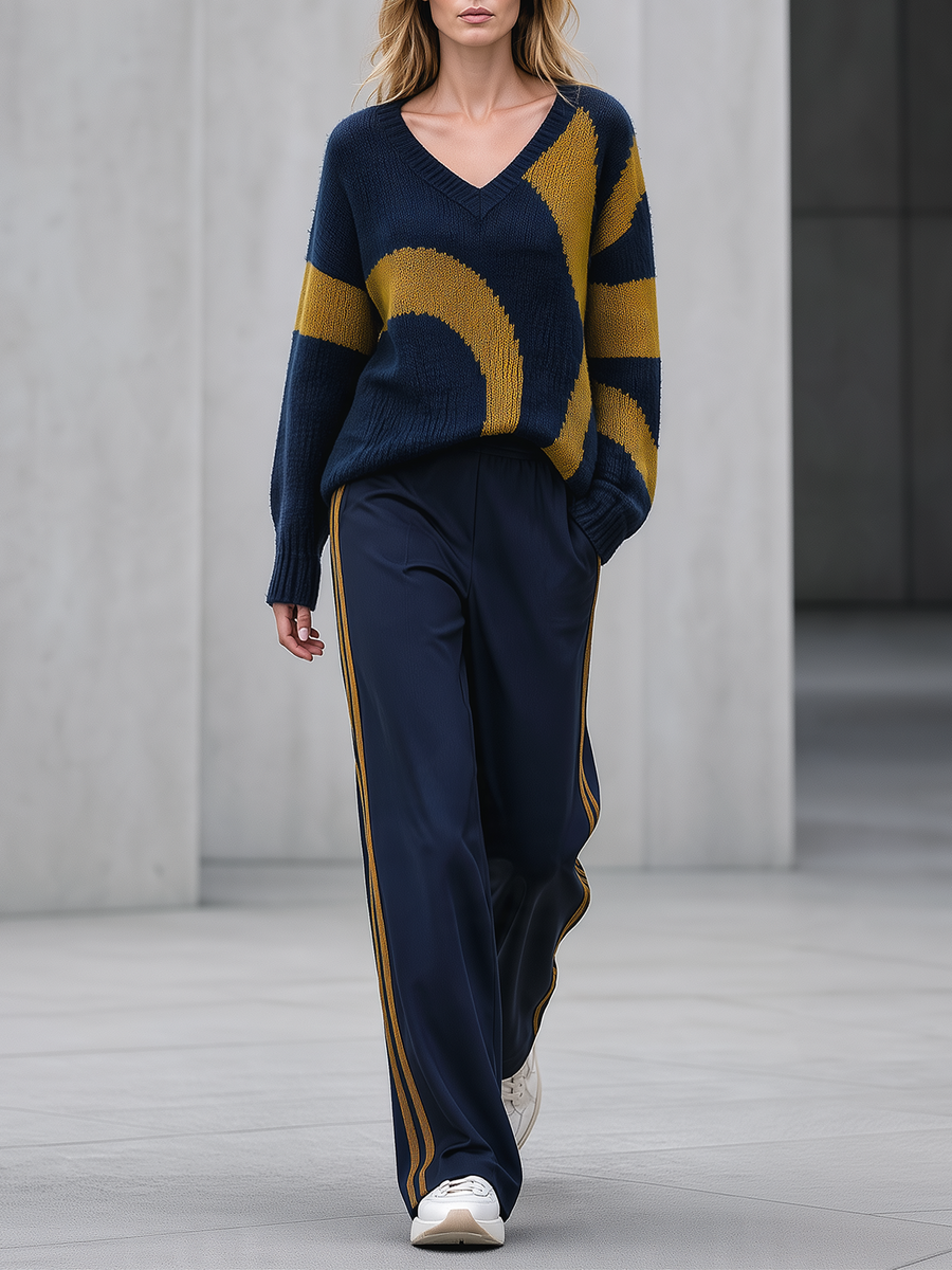 Navy Blue Color-block Jacquard V-neck Sweater And Wide-leg Casual Trousers Set