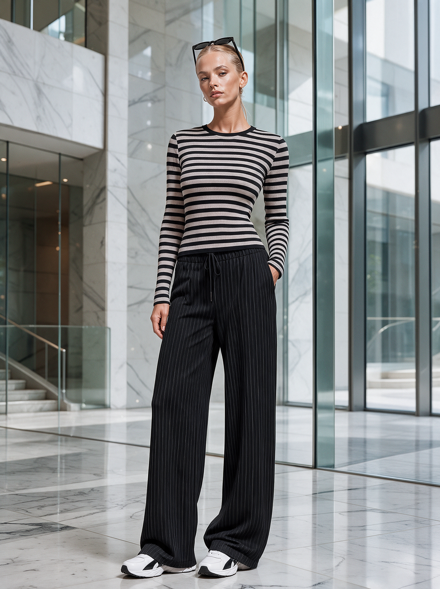 Striped Ribbed Knit Top & Black Pinstripe Wide-Leg Pants Set