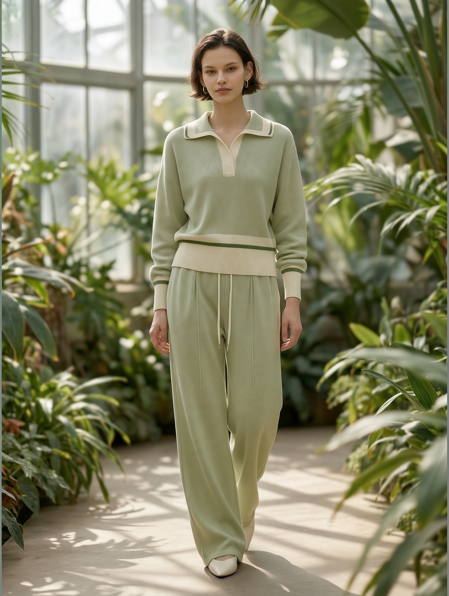 Sage Green Ribbed Polo Knit Top & Wide-Leg Pants Set