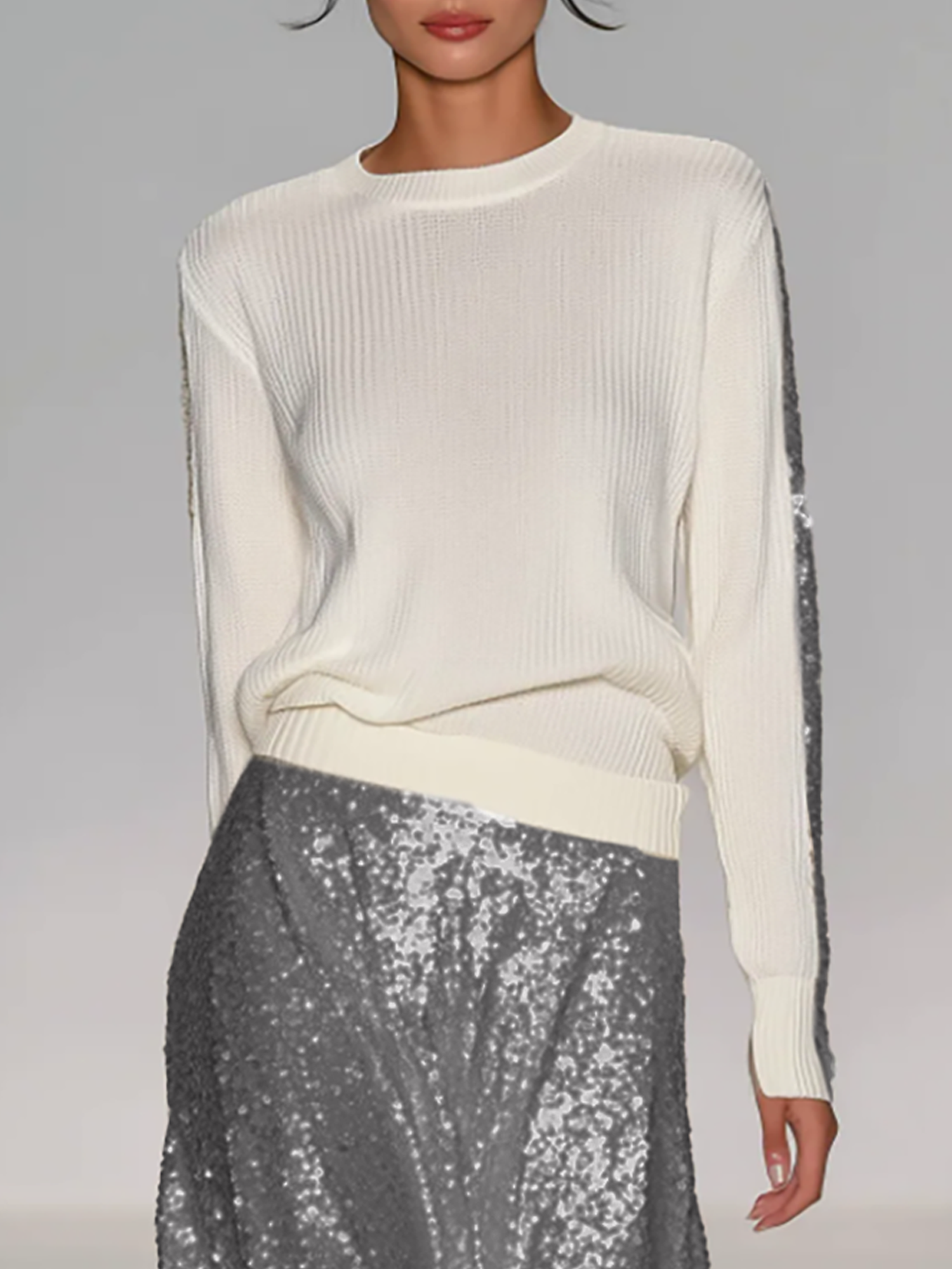 Women's Off-white Round Neck Sequined Sleeve Knit Pullover Sweater