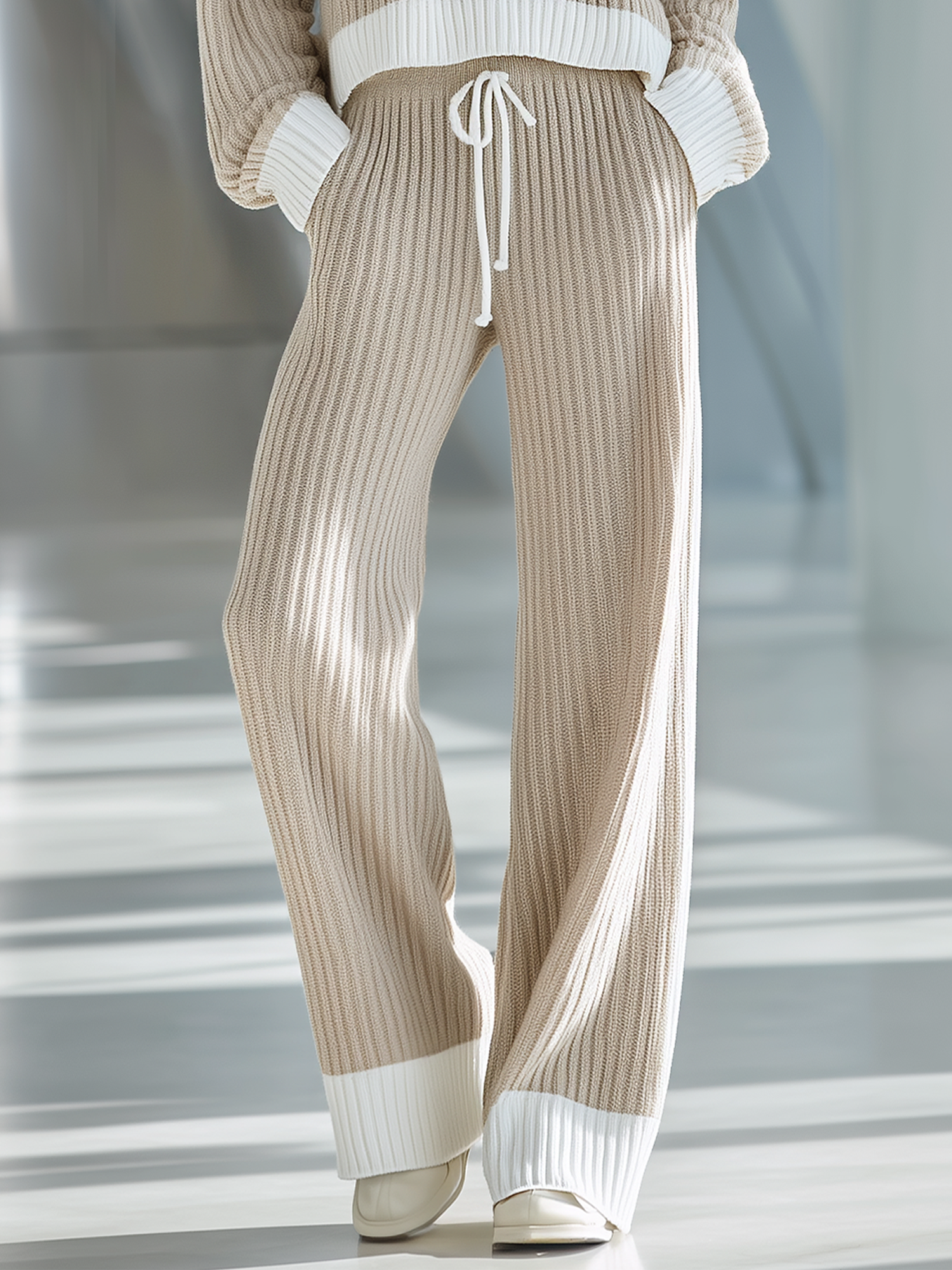 Women's Stylish Casual Beige And White Drawstring Knit Wide-leg Pants