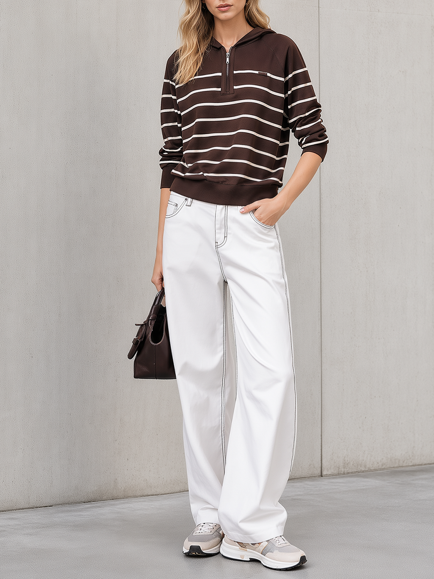 Brown White Striped Half‑Zip Hoodie Stitch‑Detail White Wide Leg Pants Set