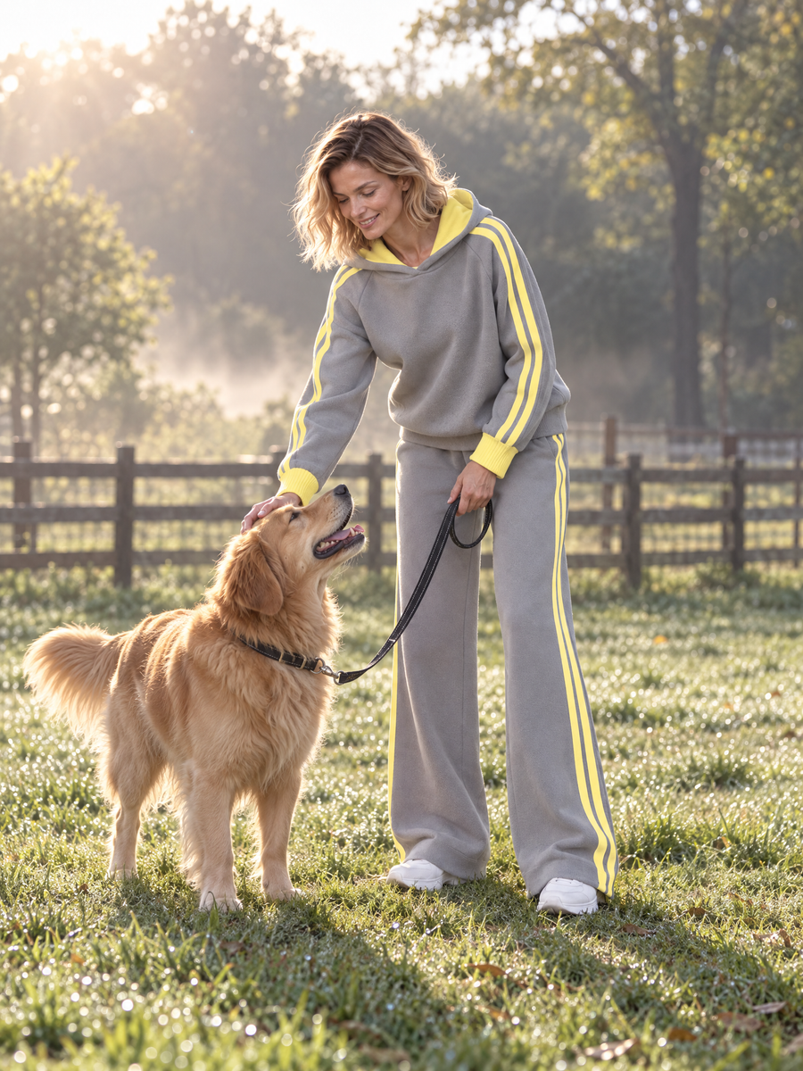 Casual Sporty Grey And Yellow Color-block Long-sleeve Hoodie And Pants Set