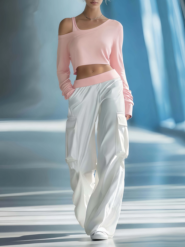 Women's Stylish Casual Dark Blue Off-the-shoulder Top And Trousers Set - Light Pink