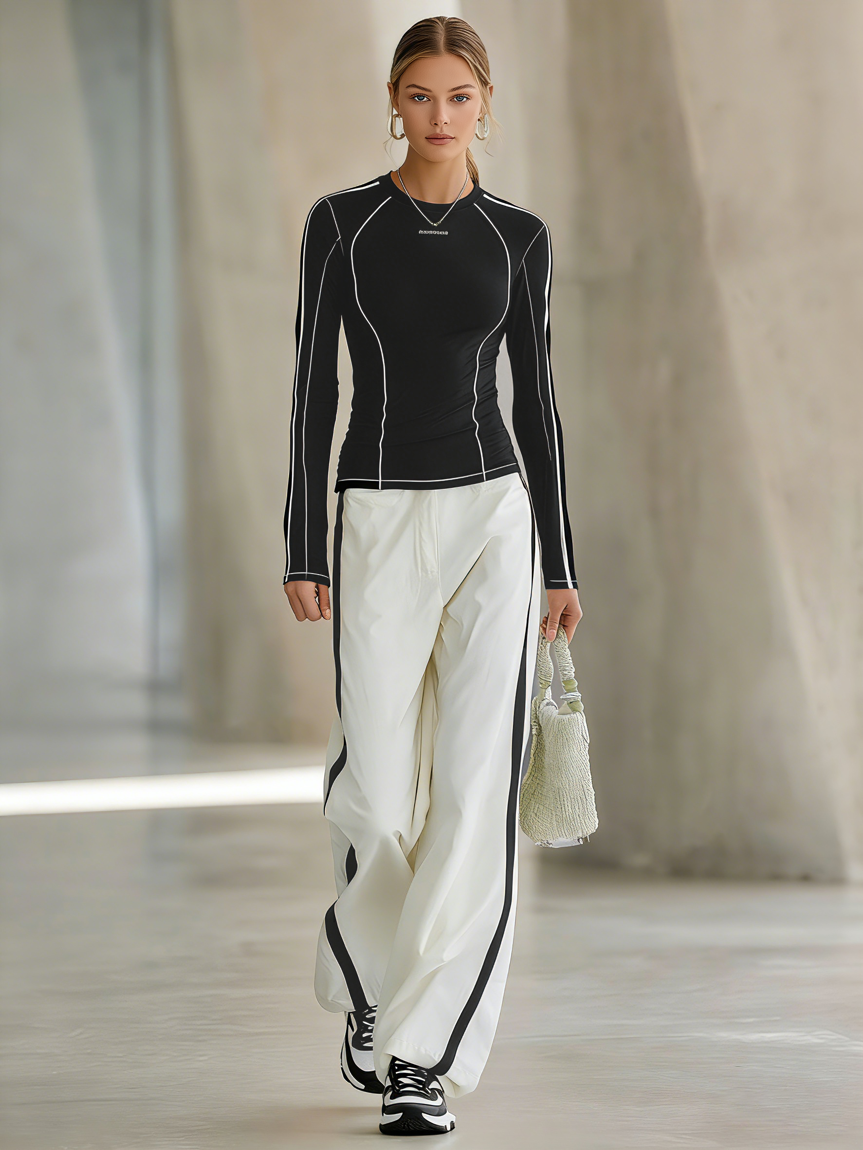 Women's Lightweight Outdoor Casual Knitted T-shirt And Wide-leg Trousers Set