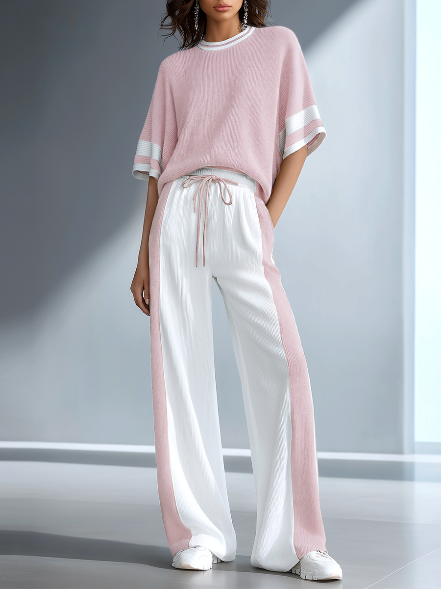 Women's Stylish Casual Brown Color-block Short-sleeved Knitted Top And Trousers Set