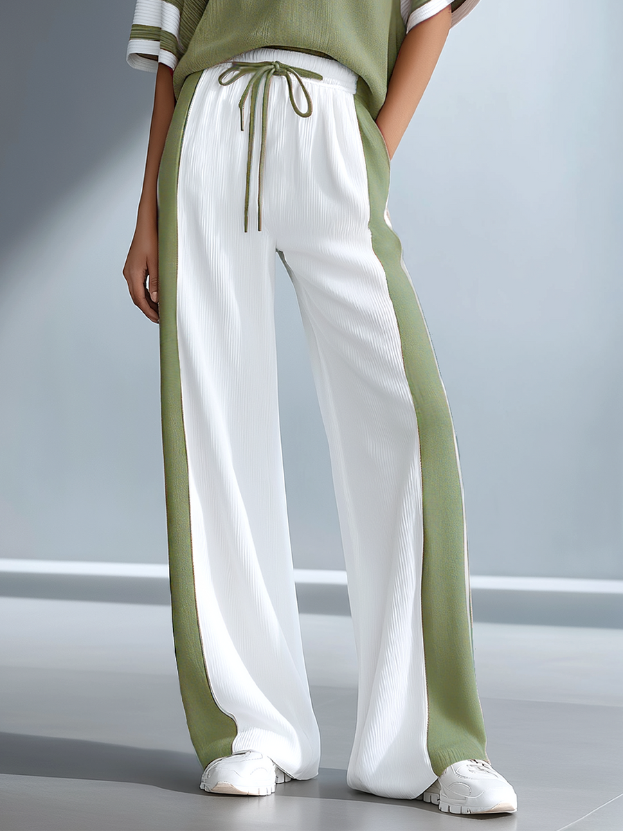 Women's Stylish Casual Brown Color-block Short-sleeved Knitted Top And Trousers Set