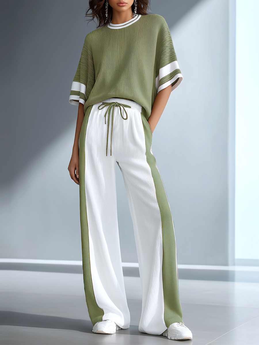 Women's Stylish Casual Brown Color-block Short-sleeved Knitted Top And Trousers Set