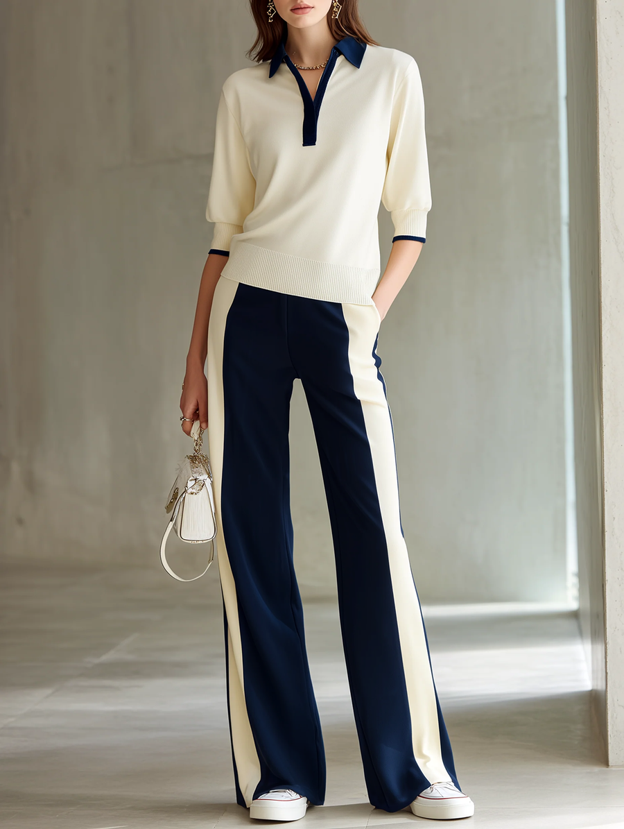 Women's Off-white Polo Neck Knitted Top And Contrasting Wide-leg Pants Set
