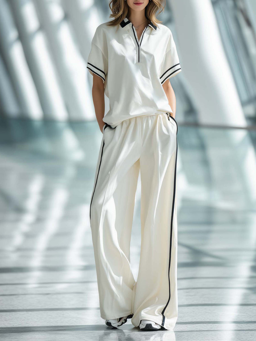 Women's Stylish Casual White Collared Short-sleeved Top And Trousers Set