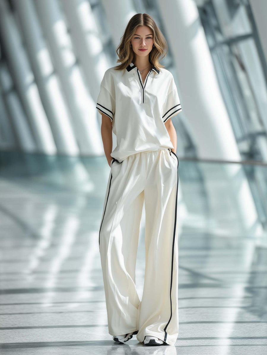 Women's Stylish Casual White Collared Short-sleeved Top And Trousers Set