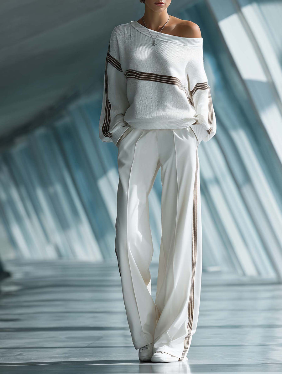 Women's Stylish Casual White Off-the-shoulder Top And Trousers Set