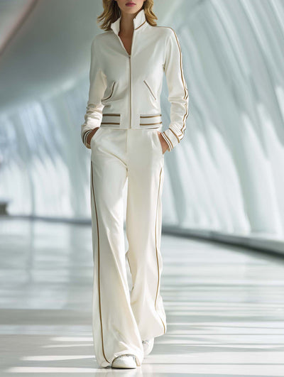 Women's Stylish Casual White Long-sleeved Top And Trousers Set