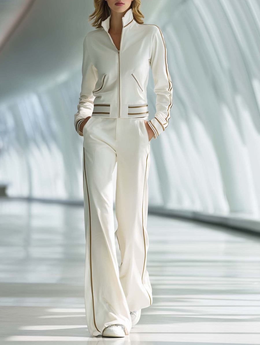 Women's Stylish Casual White Long-sleeved Top And Trousers Set